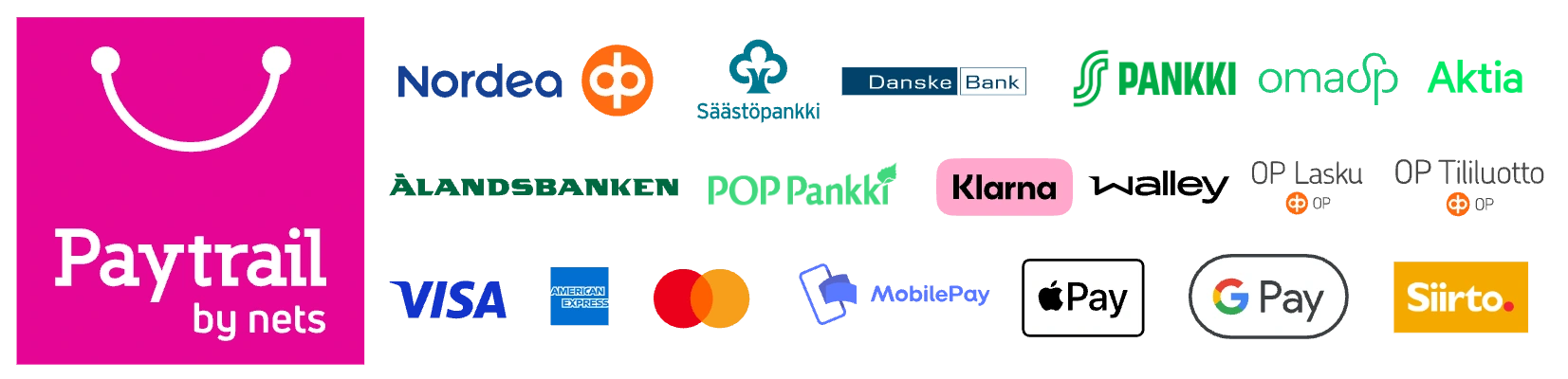 Maksutavat: Paytrail, verkkopankit, kortit, MobilePay, Apple Pay, Google Pay, Klarna, Walley, OP Lasku, Siirto