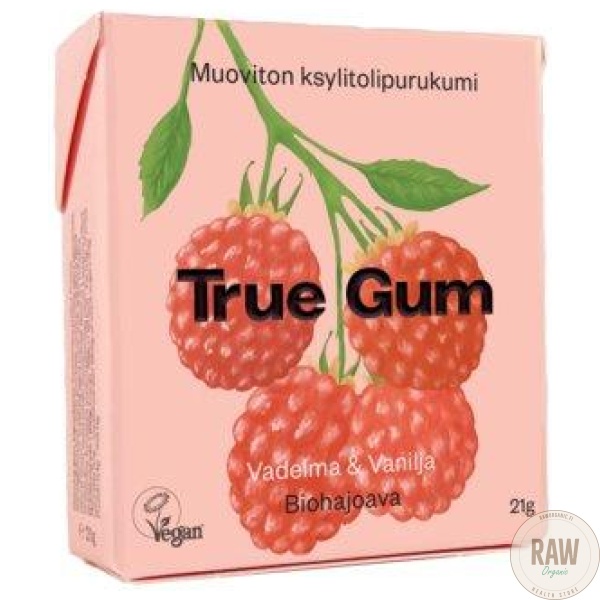 True_Gum_Vadelma_Vanilja_muoviton_ksylitolipurukumi_21g