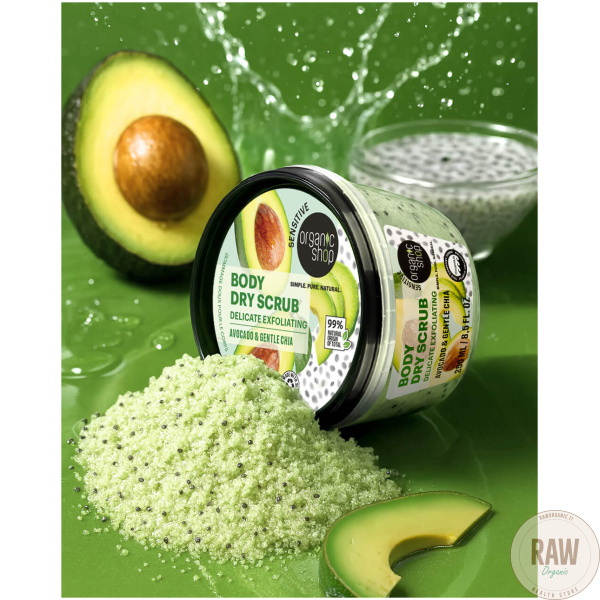 Organic shop BODY DRY SCRUB DELICATE EXFOLIATING AVOCADO & GENTLE CHIA 250ml – kuva 6