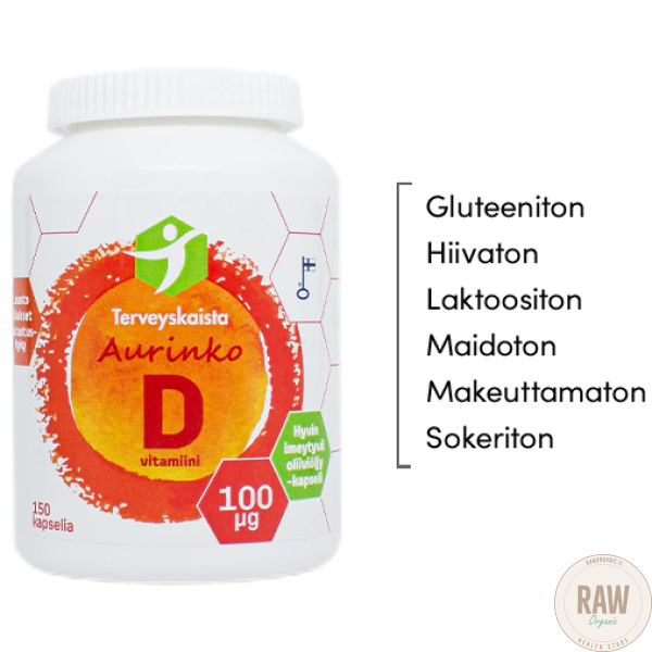 Terveyskaista Aurinko D 100ug 150kaps oliiviöljy – kuva 2