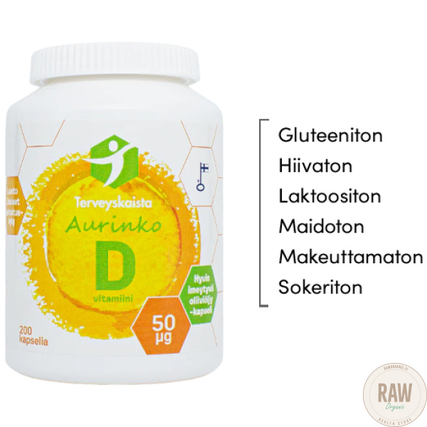 Terveyskaista Aurinko D 50ug 200kaps oliiviöljy – kuva 3