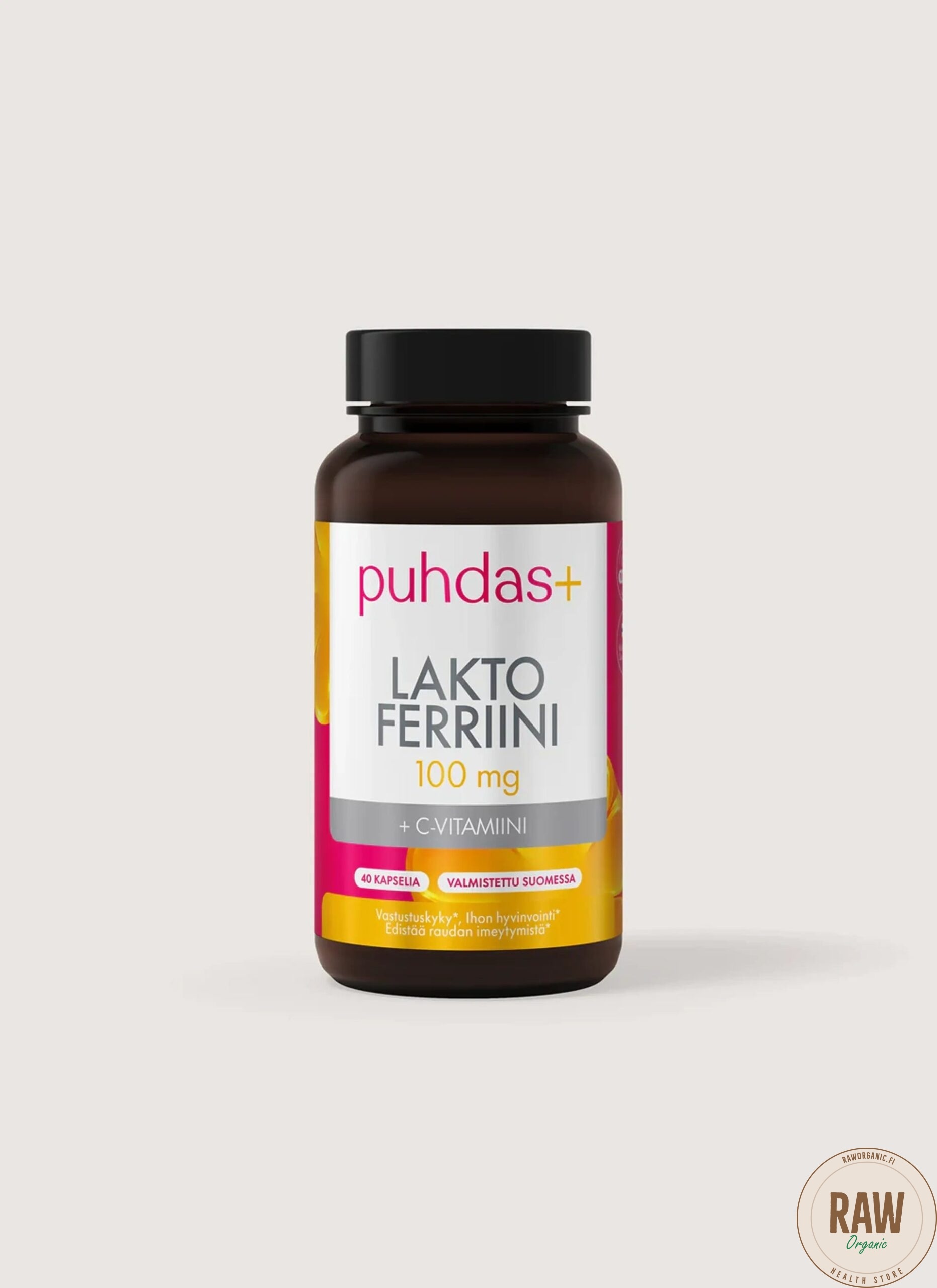 BeautyKollageenijauheVadelma_Sitruuna80g Puhdas+ Laktoferriini + C-vitamiini, 40 kaps.