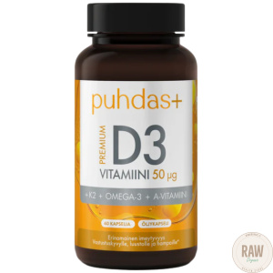 Puhdas+ D-vitamiini  50 μg +K2 + Omega-3  + A-vitamiini 120 kaps.
