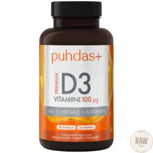 Puhdas+ D-vitamiini  100 μg +K2 + Omega-3  + A-vitamiini 120 kaps.