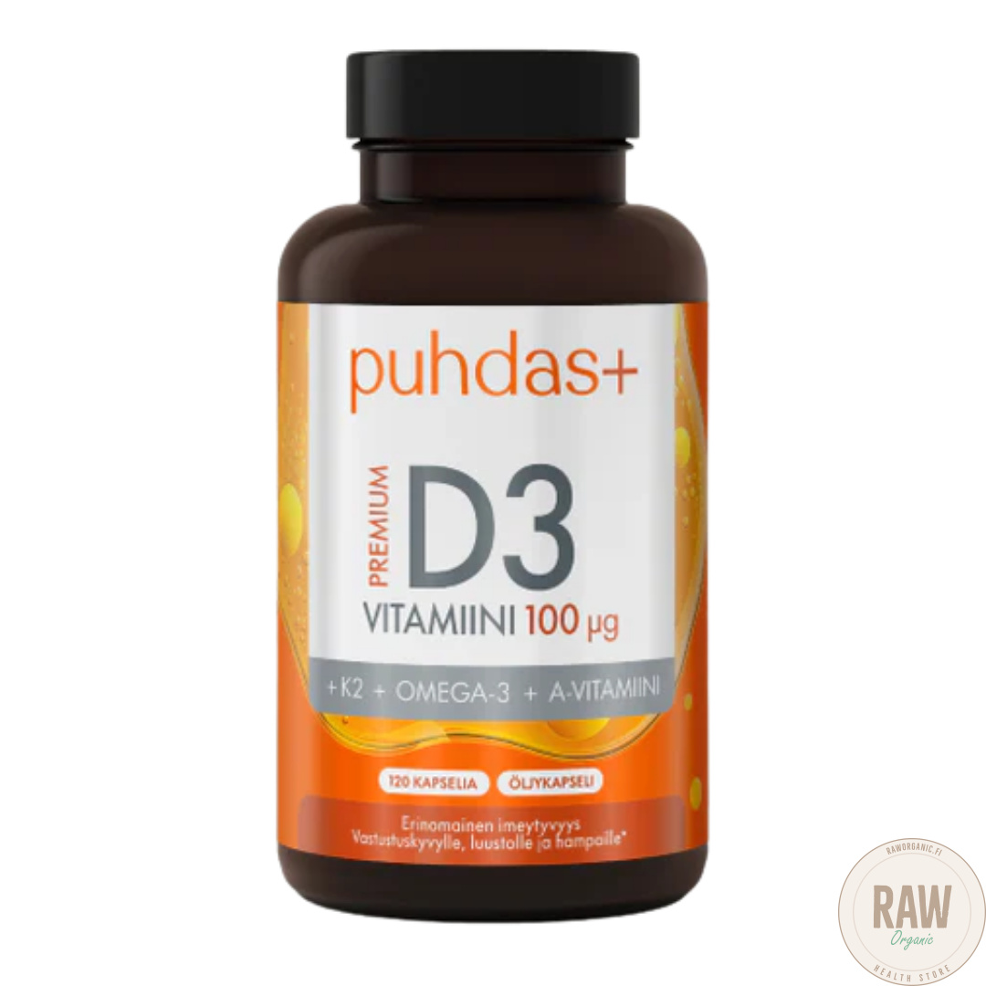 Puhdas+ D-vitamiini 100 μg +K2 + Omega-3 + A-vitamiini 120 kaps.